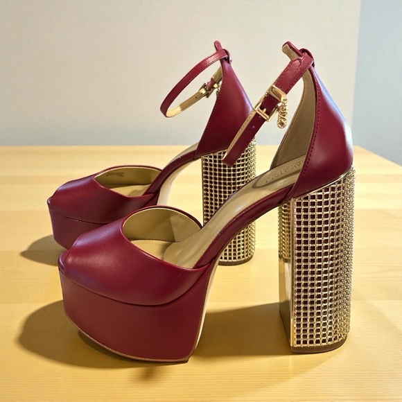Michael Kors Maxine Platform Sandals Deep Red Leather Gold Block Heel Size 9M - Picture 6 of 12
